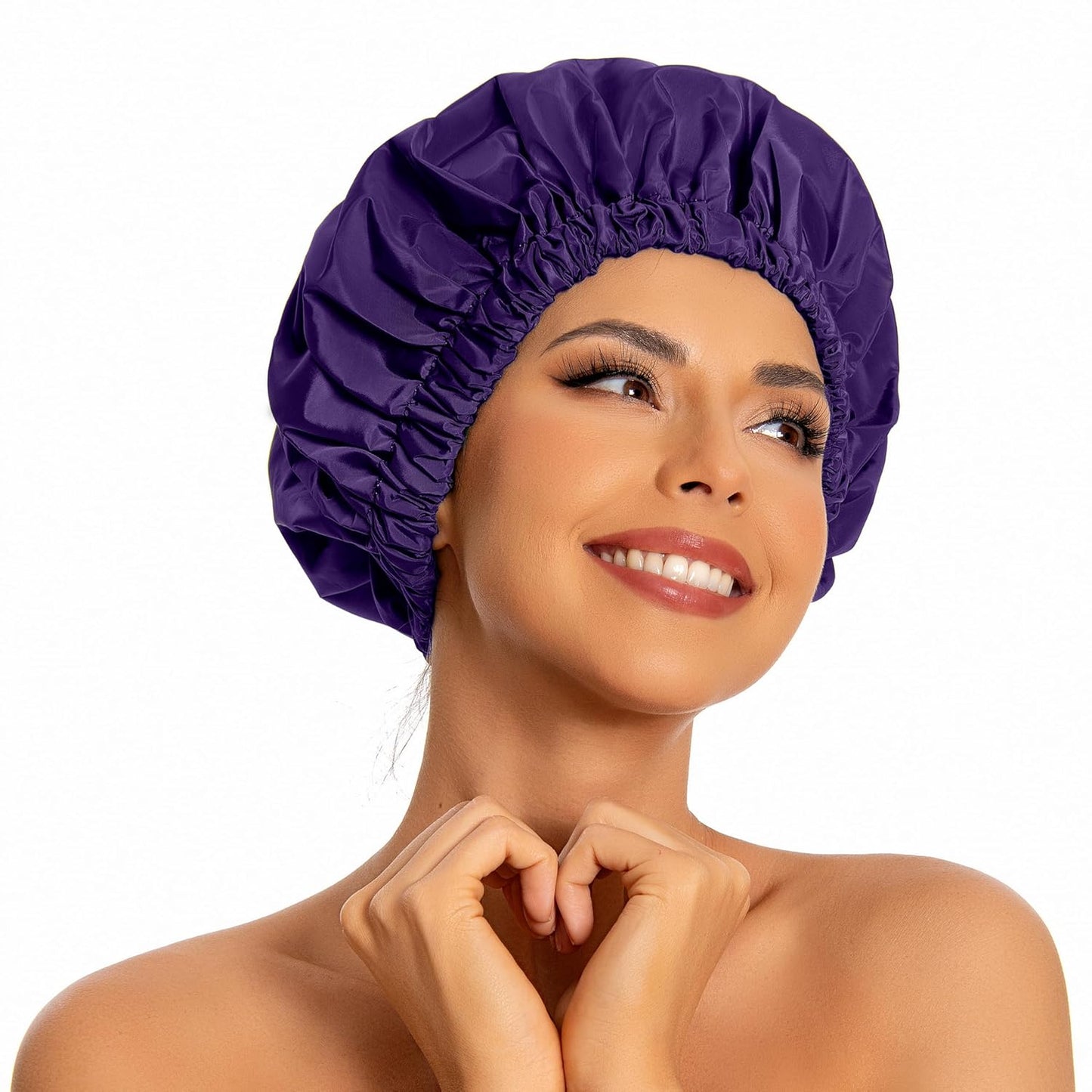 Reusable Shower Cap for Women, Large Waterproof Shower Bonnet Washable Elastic Band Bath Hair Hat for Long Hair, Braids(Dark Purple)