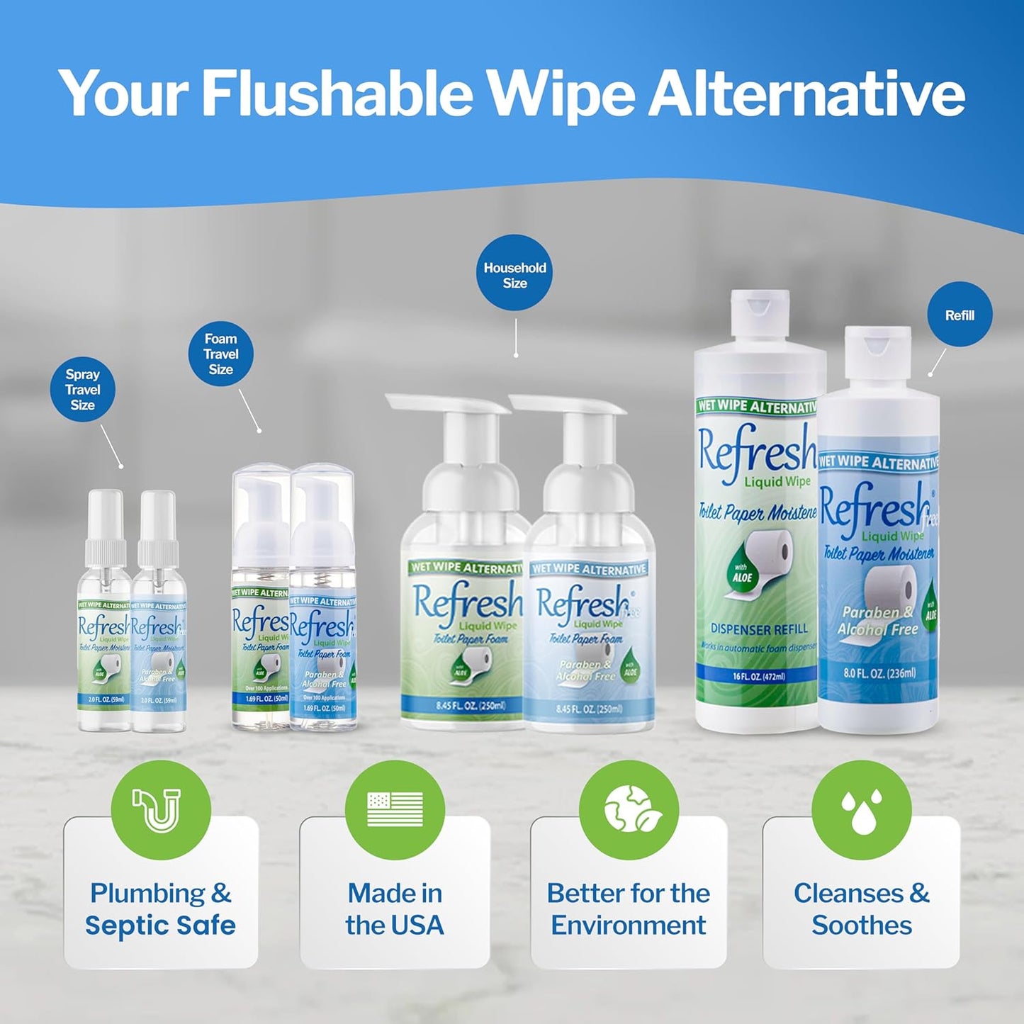 Refresh Liquid Wipe: Toilet Paper Foam. Eco-Friendly Wet Wipe Alternative. Cleanses and Soothes with Witch Hazel and Aloe. Plumbing and Septic Safe 250ml (8.45 Fl Oz).…