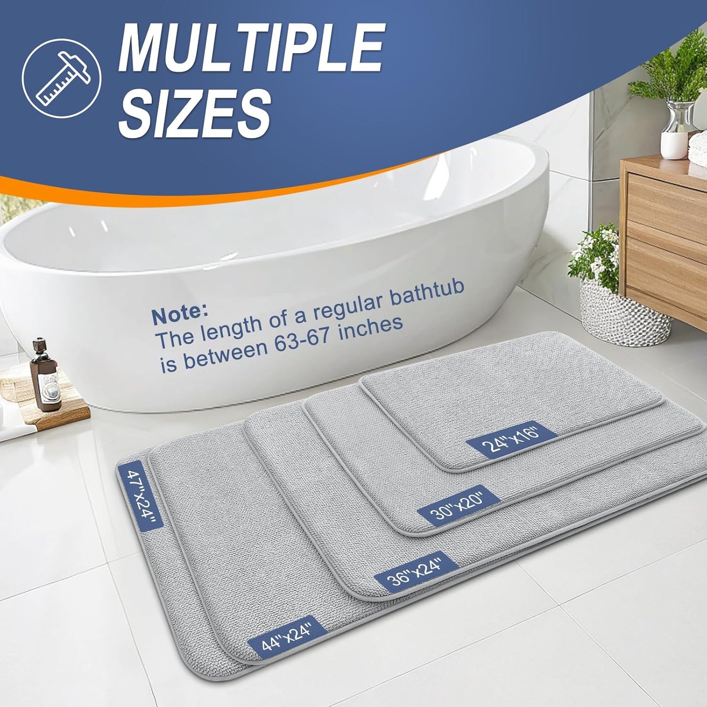 OLANLY Thick Memory Foam Bath Mat Rug 47x20, Extra Soft Absorbent Bathroom Rug, Quick Dry Bath Mats, Non-Slip, Machine Washable Carpet for Bathroom, Tub and Shower, Home Decor Accessories, Light Grey
