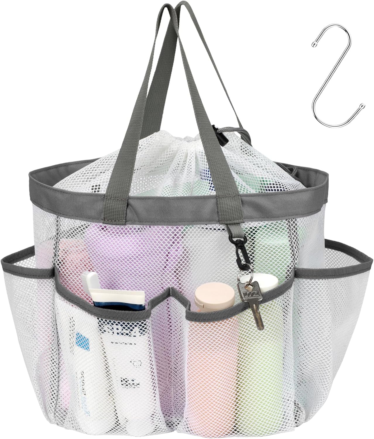 F-color Mesh Shower Caddy Portable with Drawstring - Upgrade Deeper 7 Pockets Dorm Room Essentials for Guys Girls with S Hook, Shower Bag Basket Tote for College Camping Toiletry Bathroom, White
