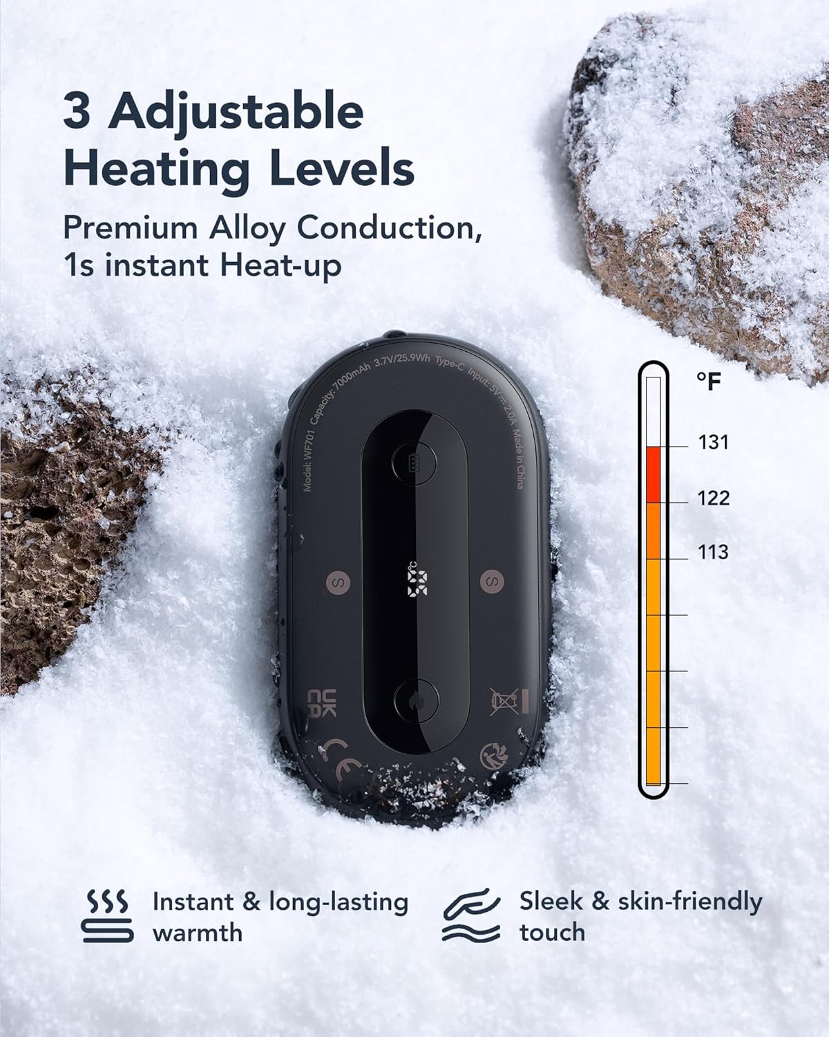 Hand Warmers Rechargeable 2 Pack, Magnetic Alloy Handwarmer 7000 mAh Reusable, Instant Heating UP to 131°F, 15 Hours Long Lasting Palm Pocket Heater, Gifts Packing for Christmas,Hunting,Camping,Golf