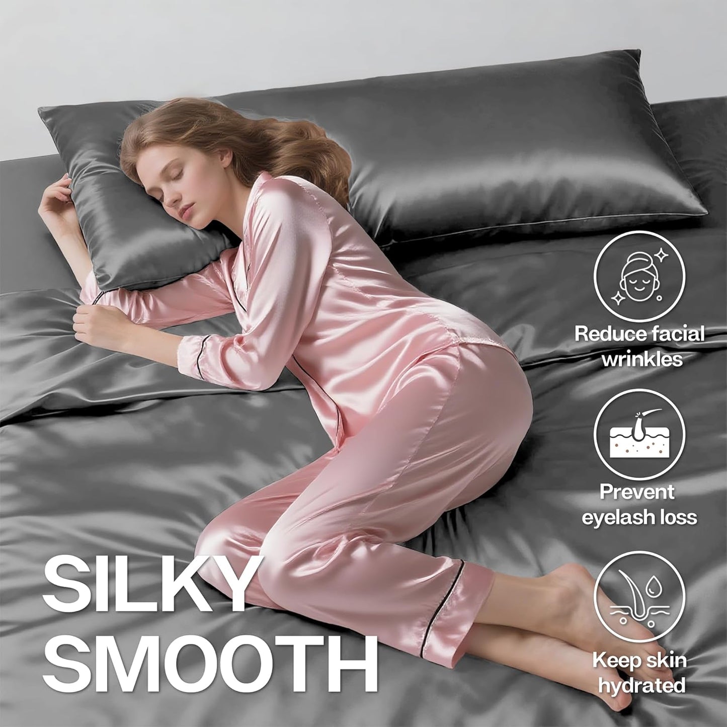 MR&HM Satin Body Pillow Cover, Soft and Breathable Body Pillow Case with Envelope Closure, Cooling and Silky Long Pillowcase for Hair and Skin,Grey (20x54, Dark Grey)