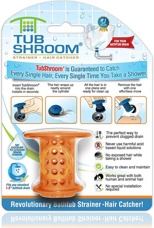 TubShroom Tub Hair Catcher Protector, Fits 1.5" - 1.75" Drain, Orange