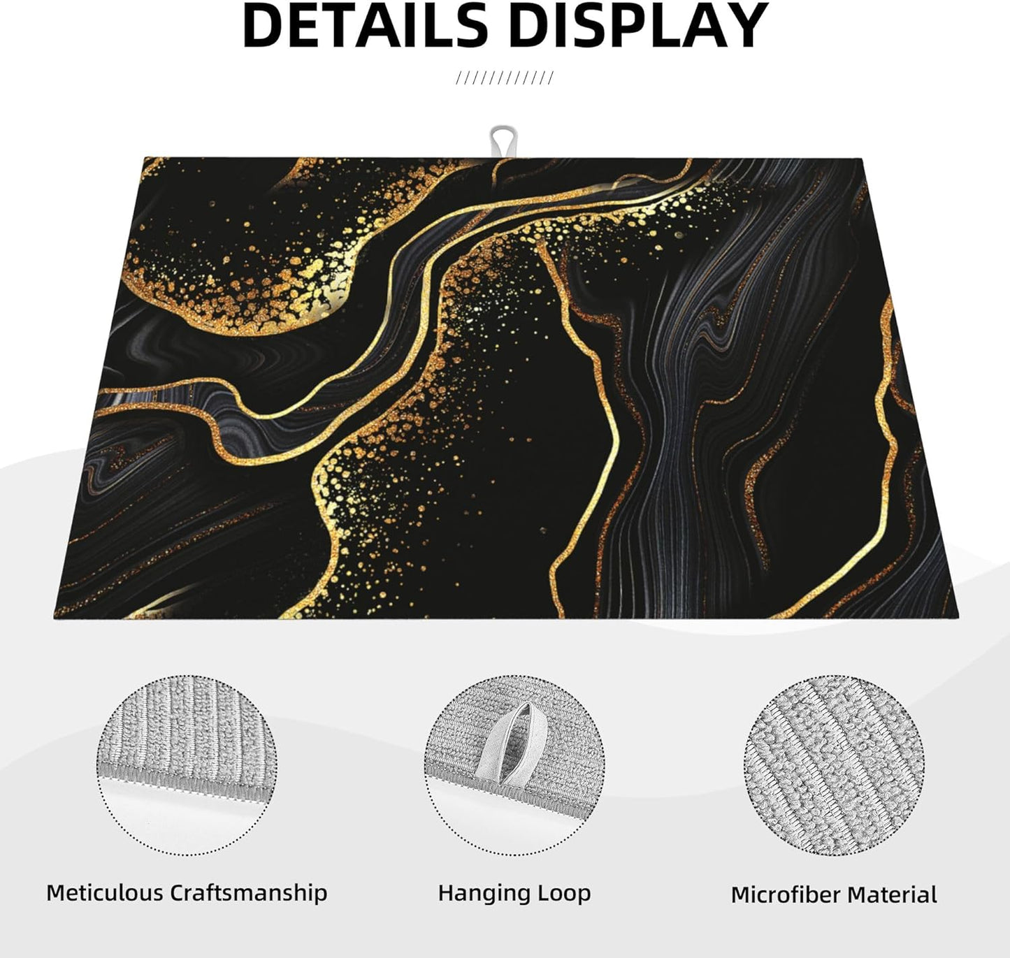 Black Gold Kitchen Drying Mat Marble Texture Dish Drainer Mat for Kitchen Counter 18x24 Inch Microfiber Absorbent Reusable Washable Modern Drying Pad Black Gold Coffee Bar Decor