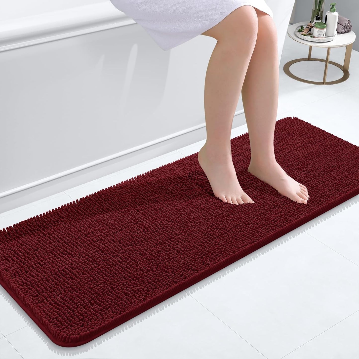 OLANLY Bathroom Rugs 47x17, Extra Soft Absorbent Chenille Bath Rugs, Rubber Backing Quick Dry, Machine Washable Bath Mats for Bathroom Floor, Tub and Shower, Home Decor Accessories, Burgundy
