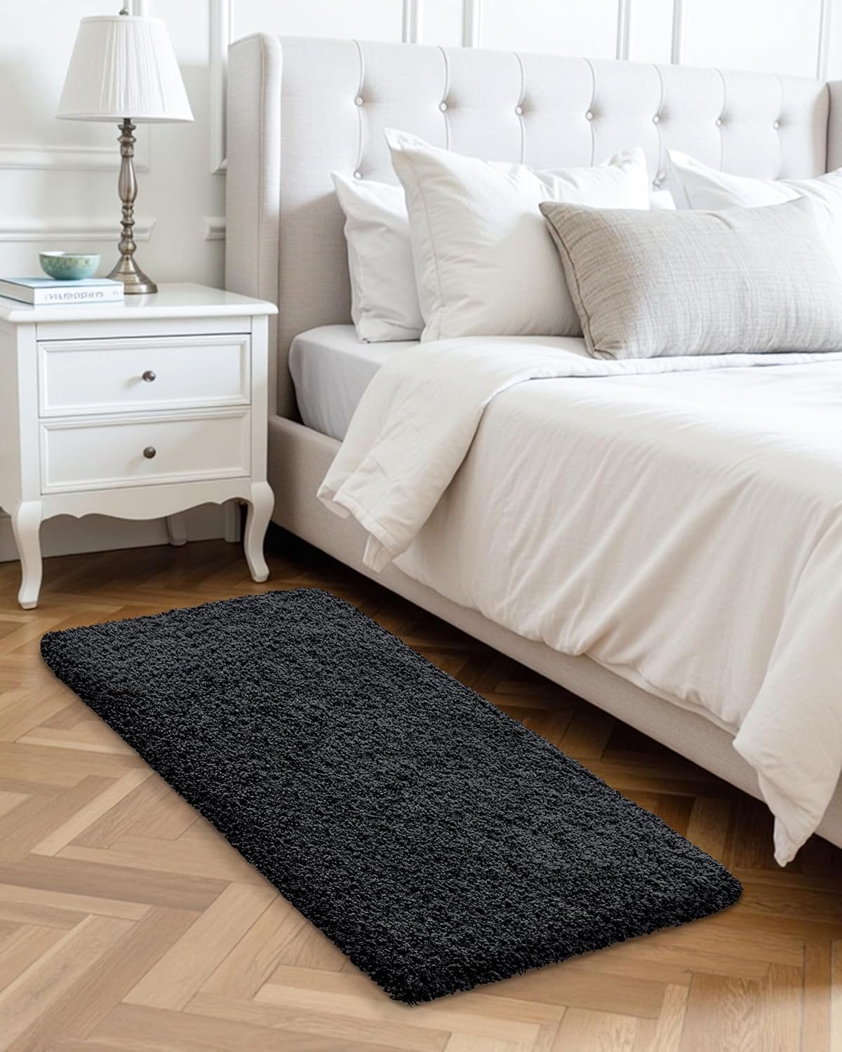 ILANGO Black Bathroom Rugs 48" × 24" Non Slip & Super Absorbent Extra Thick Soft, Washable Bath Mat for Floor, Microfiber Plush Shaggy Bath Rug with Rubber for Bathtub Shower Room Sink