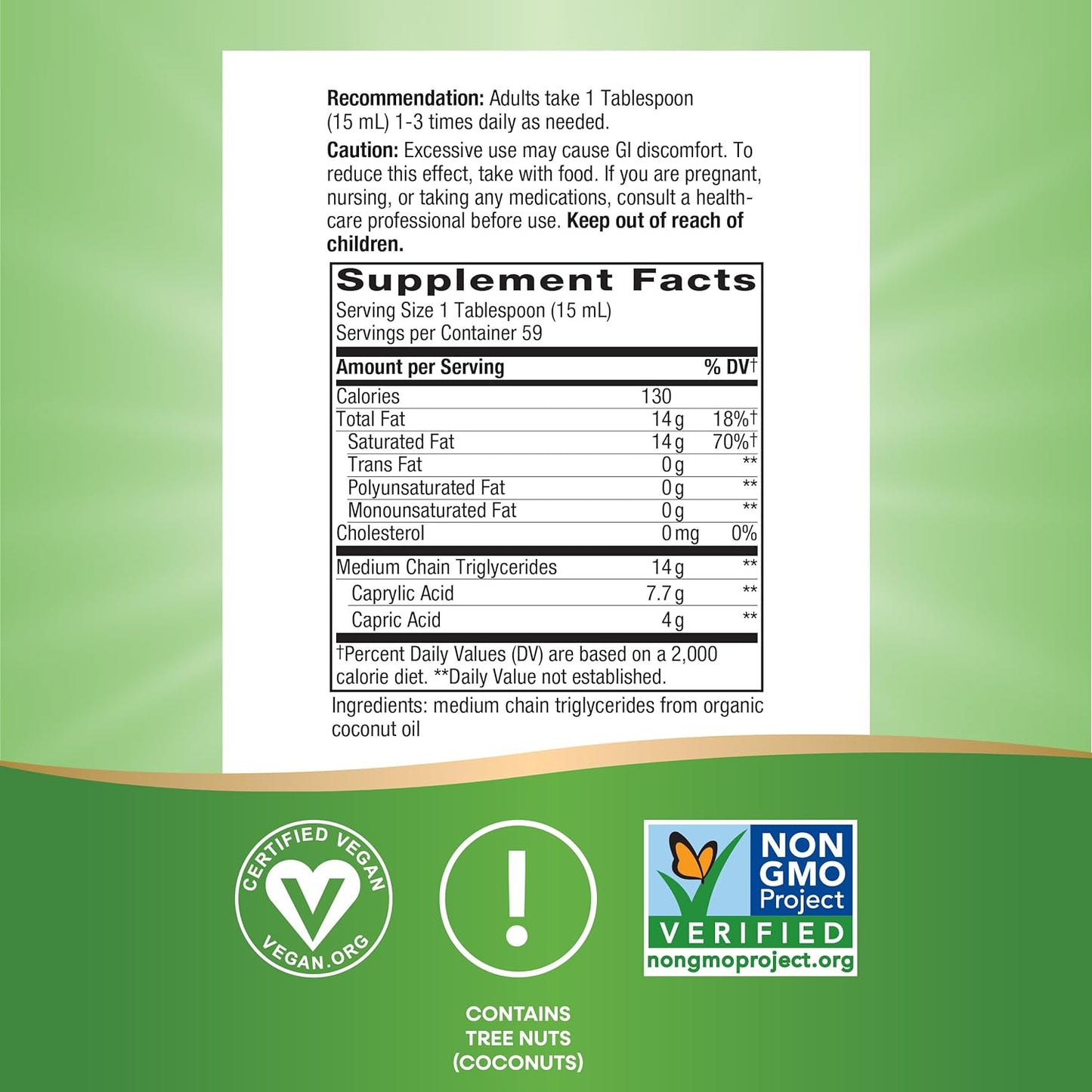 Nature's Way Organic MCT Oil, 30 Fl Oz, Brain and Body Fuel from Coconuts*, C8 Caprylic Acid and C10 Capric Acid, Keto and Paleo Certified, Organic, Non-GMO Project Verified