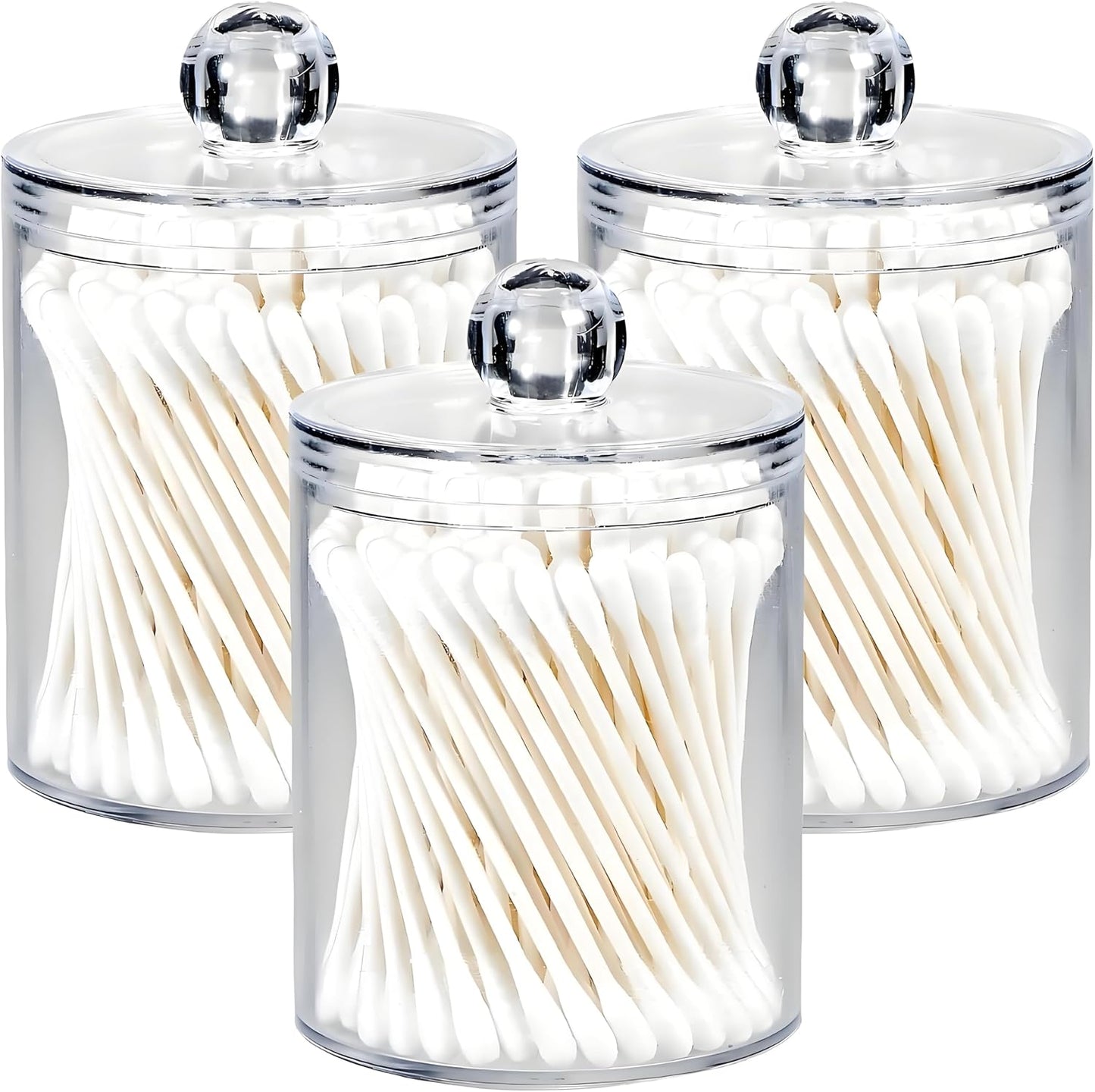 AXX Qtip Dispenser Apothecary Jars Bathroom - Qtip Holder Storage Canister Clear Plastic Jar for Cotton Swab,Q-Tips,Cotton Rounds (Clear 3Pcs)