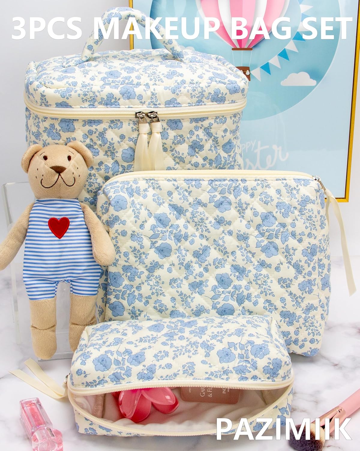PAZIMIIK 3PCS Makeup Bag SET Large Travel Quilted Zipper Soft Cosmetic Case Pouch for Women Girls Make Up,Little Flower Blue