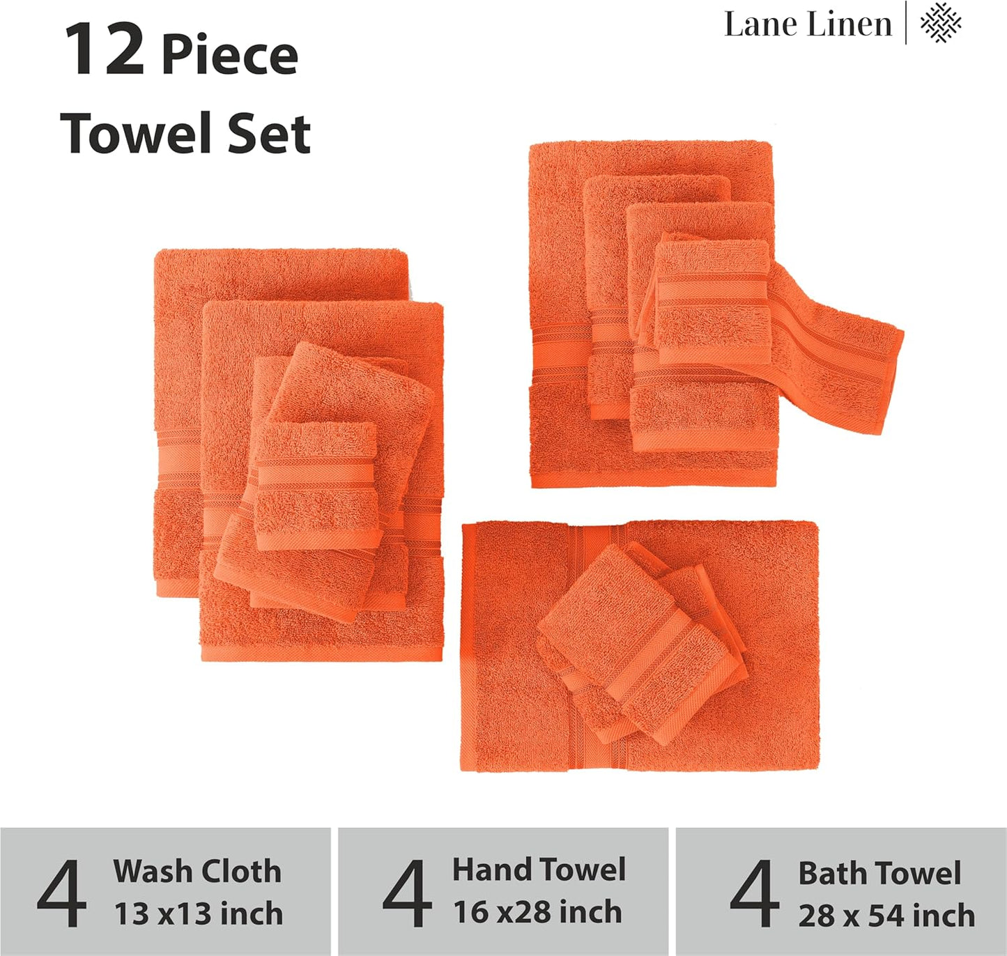 LANE LINEN Luxury 12 Piece Bath Towel Set - 100% Cotton, Rust Color, Absorbent, Quick Dry, Soft, Oeko-Tex Certified, Satisfaction Guarantee
