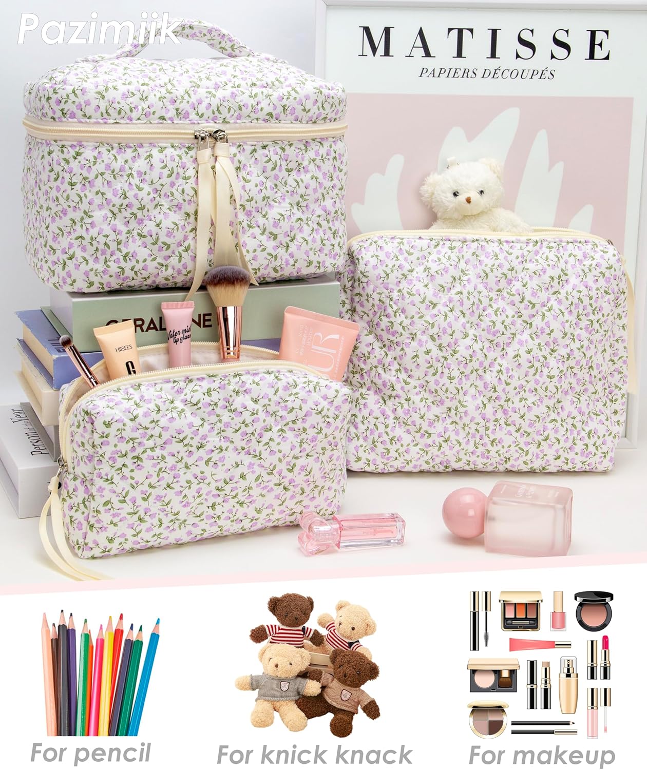 PAZIMIIK 3PCS Makeup Bag SET Large Travel Quilted Zipper Soft Cosmetic Case Pouch for Women Girls Make Up,Floral Purple