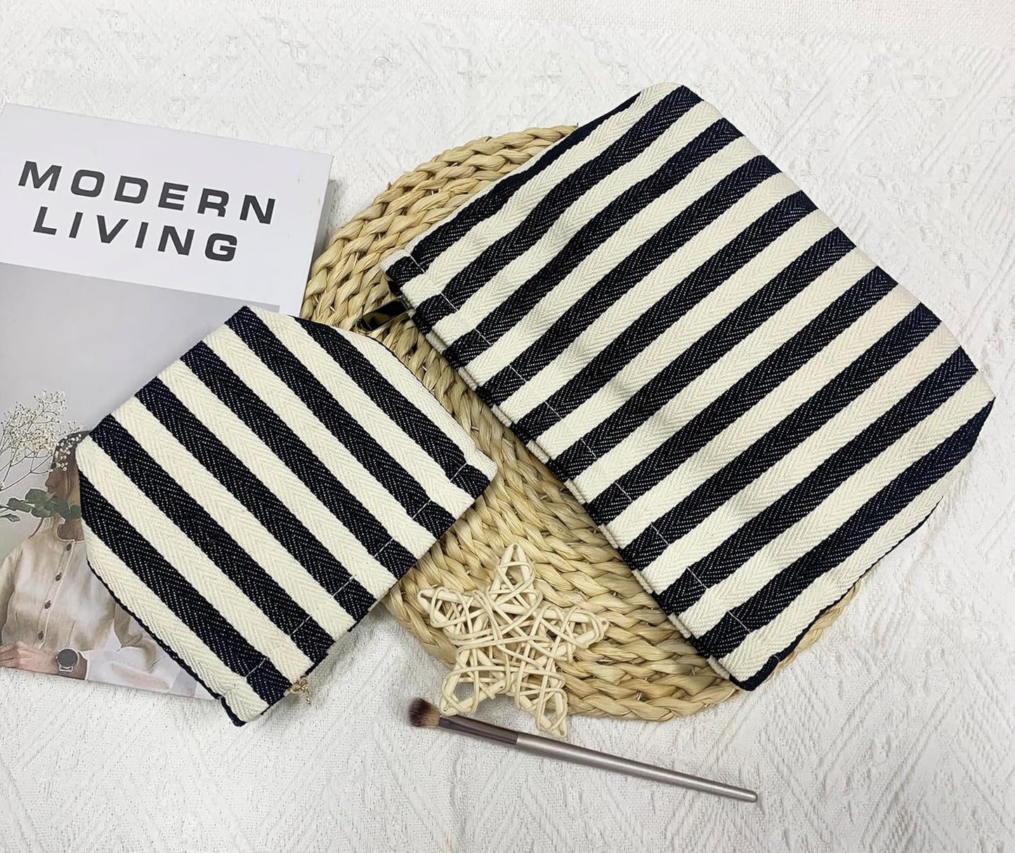 2 Pcs Makeup Bags, Large Cosmetic Bag Travel Toiletry Bag Organizer for Women, Embroidery Craft, Stripe Makeup Bag Small Cosmetic Pouch Purse with Zipper Gifts for Girls Teen