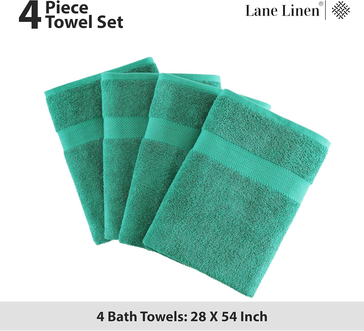 LANE LINEN 100% Cotton Bath Towels Pack of 4 (28"x54") - Ring Spun Mercerized Cotton Bathroom Towel Set - Quick Dry, Soft & Absorbent Large Bath Towels - Holds Well After Multiple Washes - Emerald