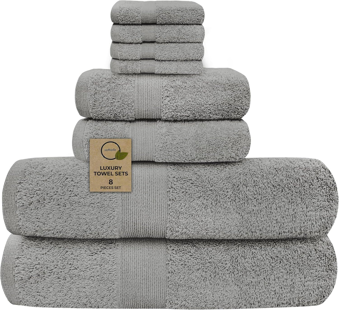 Softolle Luxury 8 Piece Towel Set, 2 Bath Towels 2 Hand Towels 4 Washcloths, Towels for Bathroom, Home, Spa & Gym - Highly Absorbent (Silver Grey)