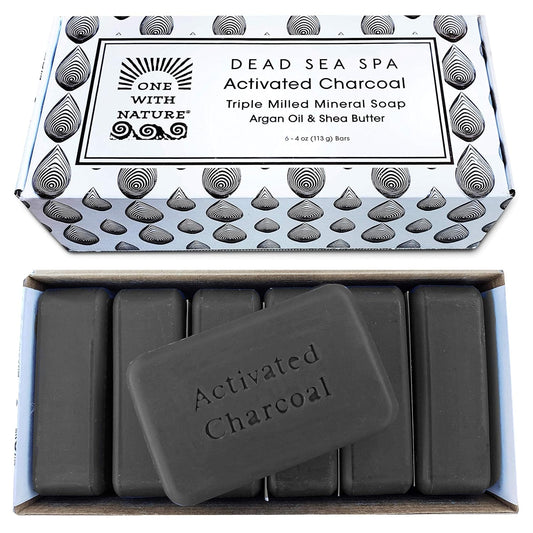 One With Nature Activated Charcoal Soap 4oz 6-Pack Gift Box – Detoxifying and Exfoliating Charcoal Soap Bar with Dead Sea Salt for Face & Body, for Men & Women