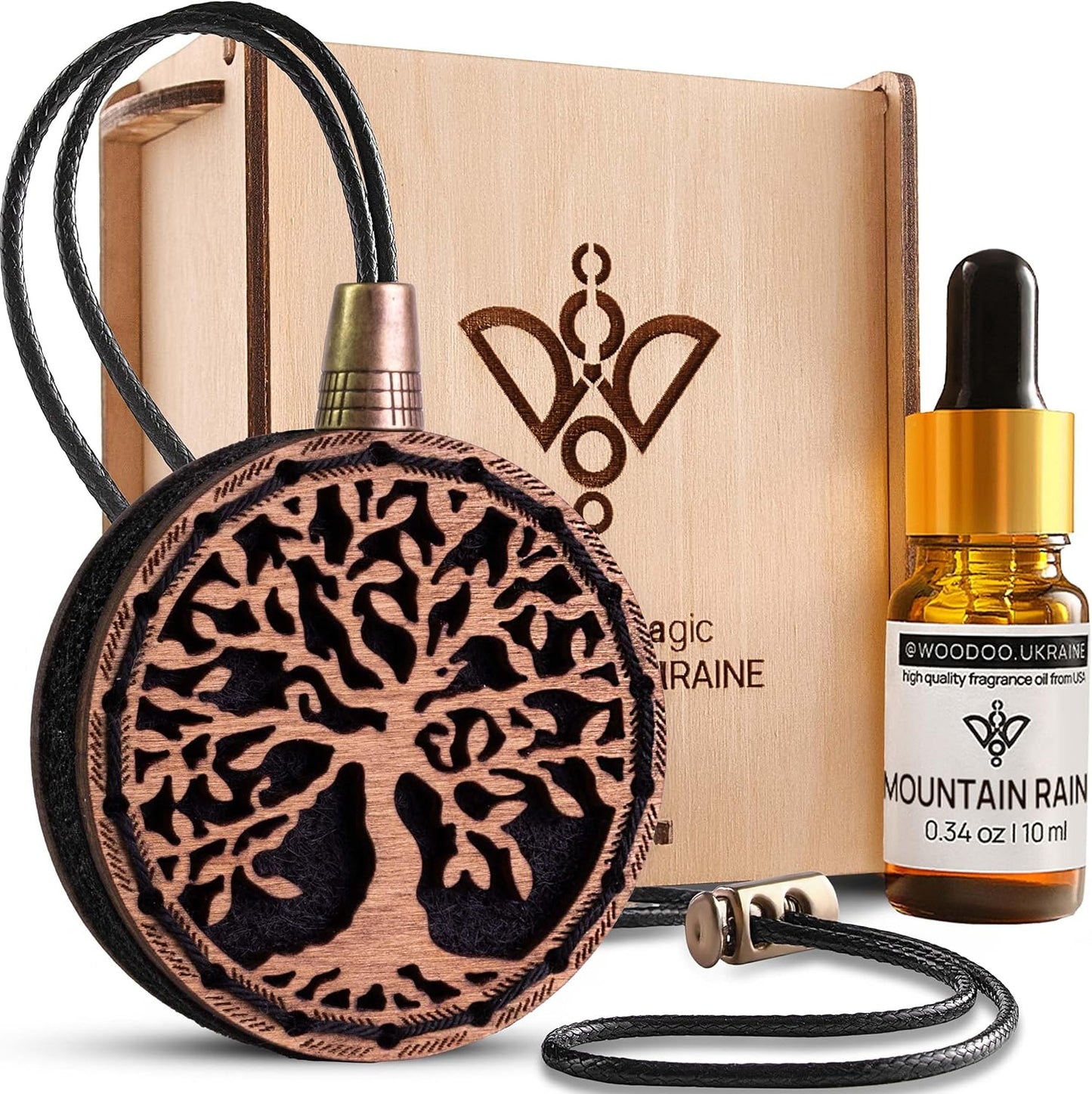 Wood Car Air Freshener — Handmade Car Air Freshener — Tree Of Life Designed Fragrance Oil Diffuser in Wooden Gift Box — Aromatherapy Gift Set with Mountain Rain Fragrance Oil - 10 ml