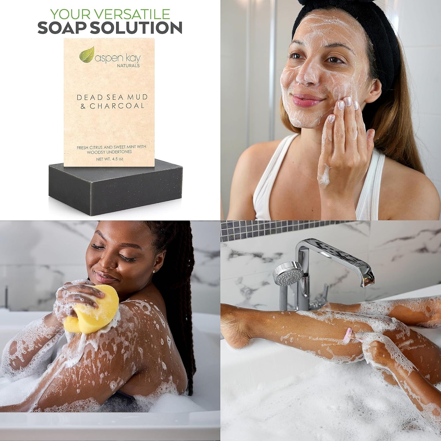 Aspen Kay Naturals Dead Sea Mud and Charcoal Soap Bar. With Organic Shea Butter & Pure Essential Oils. Charcoal Face Wash for Men, Women & Teens. (6 pack)