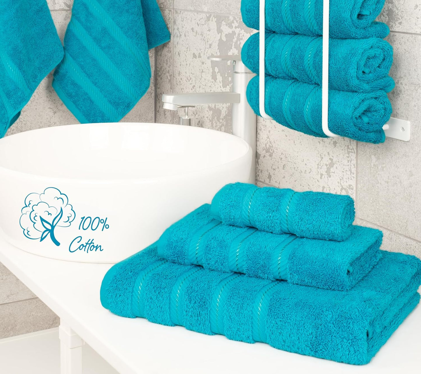 American Soft Linen Premium 3 Piece Towel Set, 1 Bath Towel 1 Hand Towel 1 Washcloth, 600 GSM 100% Cotton Turkish Towels for Bathroom, Aqua Blue Towel Set