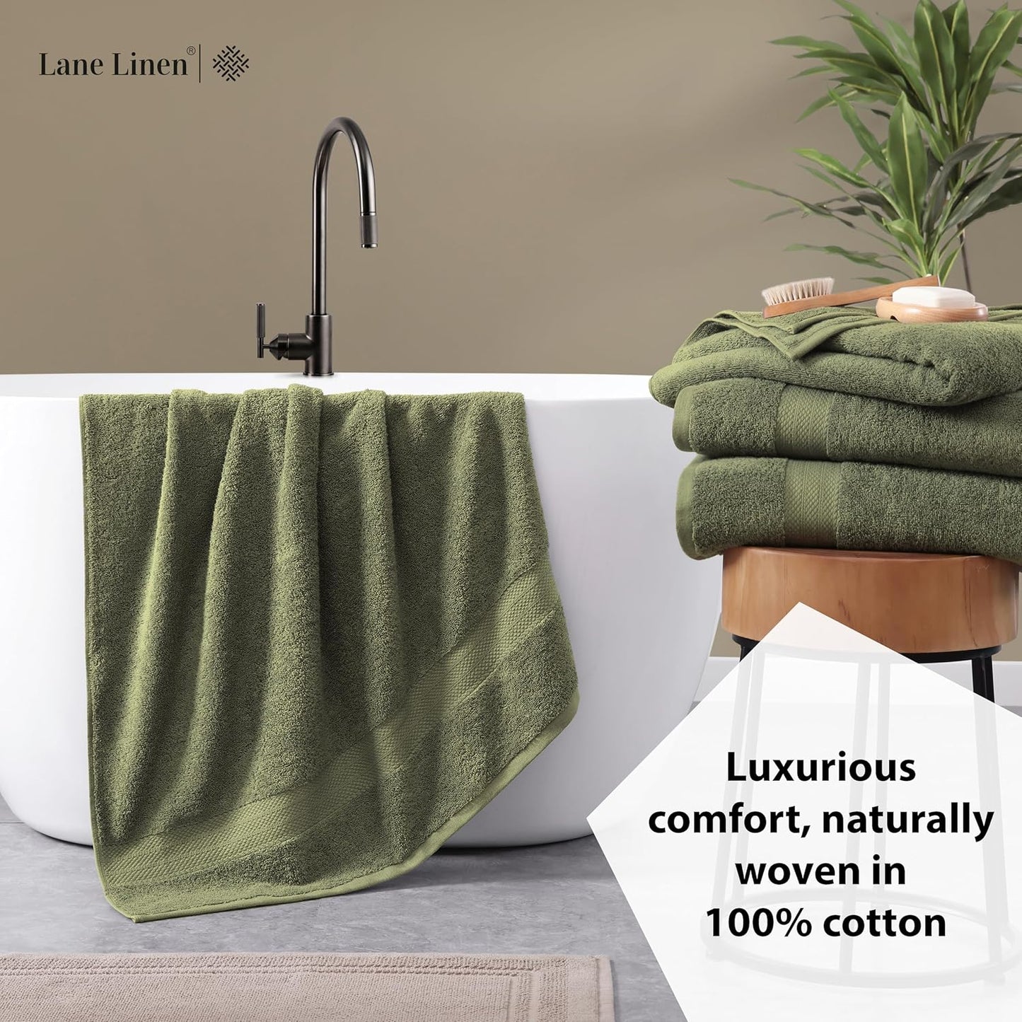 Lane Linen 100% Cotton 4 Pack Bath Towels (28"x54") - Zero Twist, Mercerized Cotton Bathroom Towels Set - Quick Dry, Very Soft & Absorbent Large Bath Towels - Tumble Dry Regains Fluffiness - Oil Green