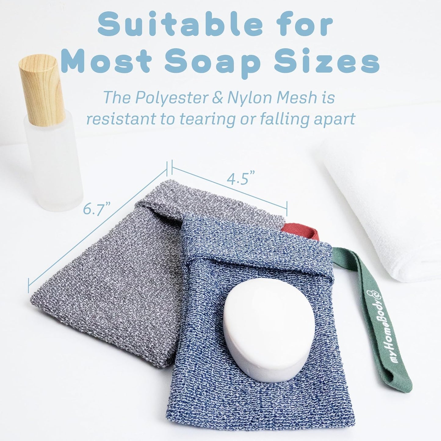 myHomeBody Soap Pocket for Strong Exfoliating, Lather Mesh Bag, Body Scrubber Exfoliator, Pouch for Shower, Leftover Bits Saver, Dark Blue, Gray - 2 Pack