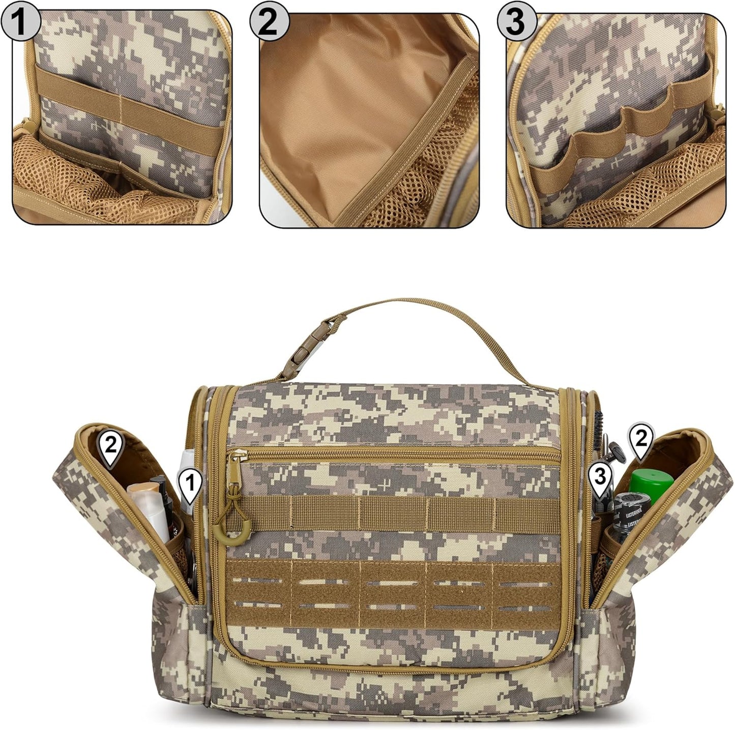 Tactical Toiletry Travel Bag for Men, Hanging Dopp Kit Hygiene Bag Shower Organizer with Hook for Toiletries and Shaving Care, Desert Yellow (Empty Bag)