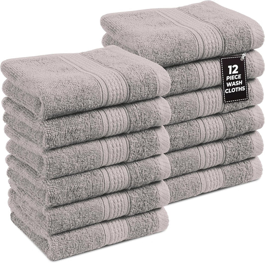 LANE LINEN 100% Cotton Wash Cloths - 12 Pcs - Spa & Salon Quality - Ring Spun Cotton Face Cloths - Soft & Absorbent Washcloths for Body, Beauty, Home, Gym - Fingertip Towels Set - 13"x13", Platinum