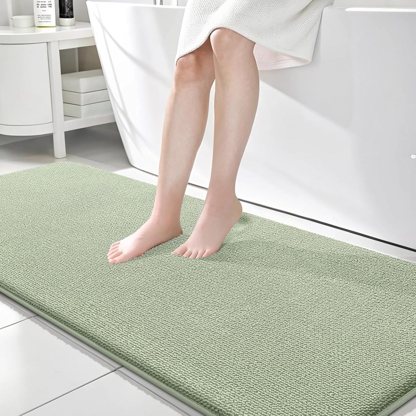OLANLY Thick Memory Foam Bath Mat Rug 70x24, Extra Soft Absorbent Bathroom Rug, Quick Dry Bath Mats, Non-Slip, Machine Washable Carpet for Bathroom, Tub and Shower, Home Decor Accessories, Sage Green