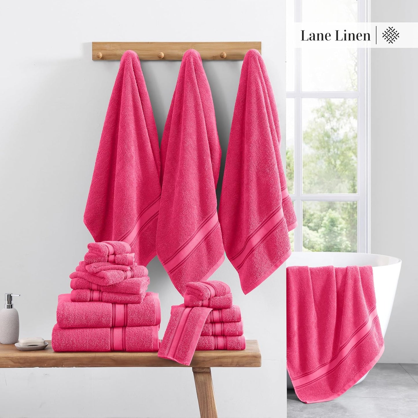 LANE LINEN Luxury Bath Towels Set - 12 Piece (4 Bath Towels, 4 Hand Towels, 4 Washcloths), 100% Cotton, Zero Twist, Super Soft & Extra Absorbent - Fuchsia