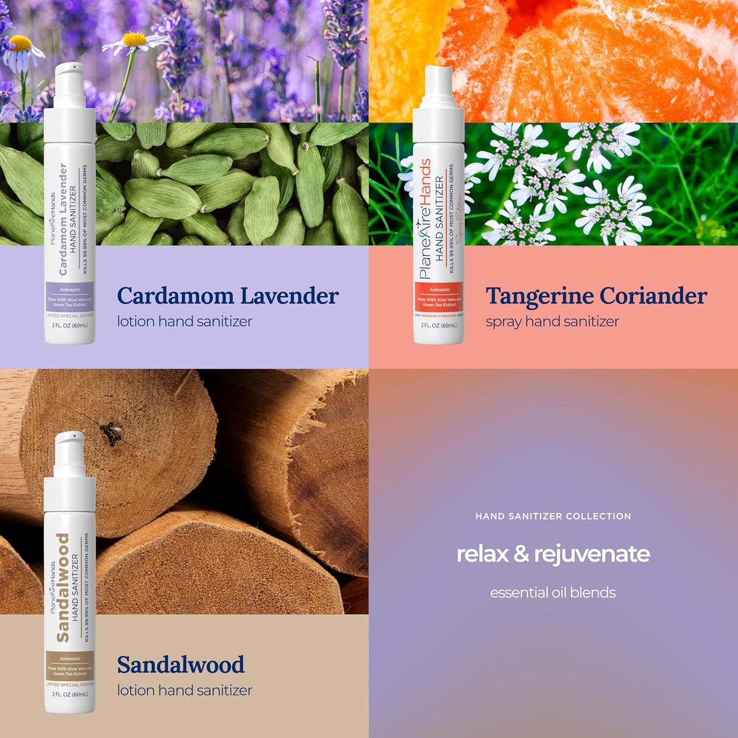 Relax & Rejuvenate Variety 3pk Hand Sanitizer | Cardamom Lavender Lotion, Tangerine Coriander Spray, Sandalwood Lotion | Travel Size | Made with Aloe Vera & Essential Oils | Rich in Vitamin E