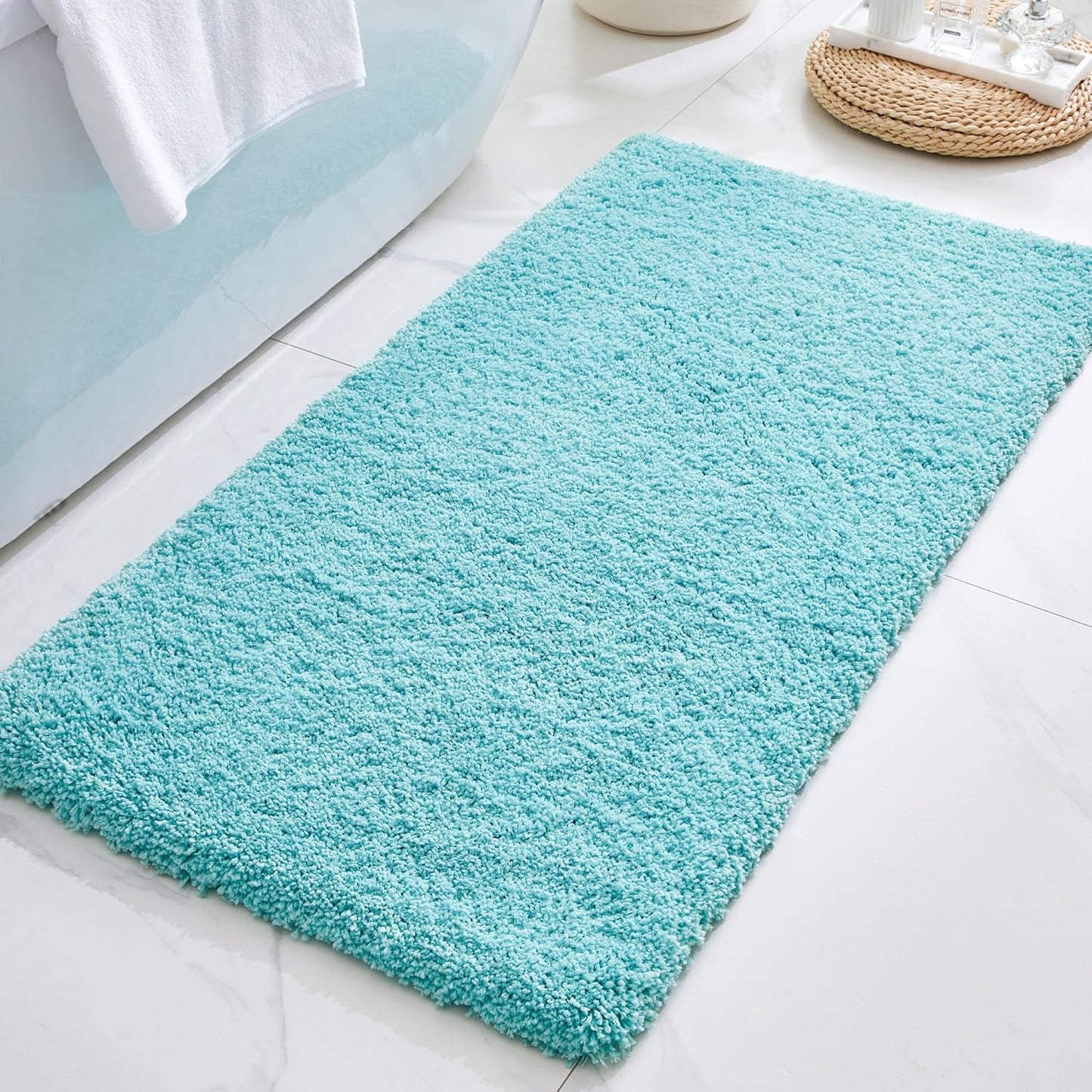 ILANGO Teal Bathroom Rugs 48" × 24" Non Slip & Super Absorbent Extra Thick Soft, Washable Bath Mat for Floor, Microfiber Plush Shaggy Bath Rug with Rubber for Bathtub Shower Room Sink