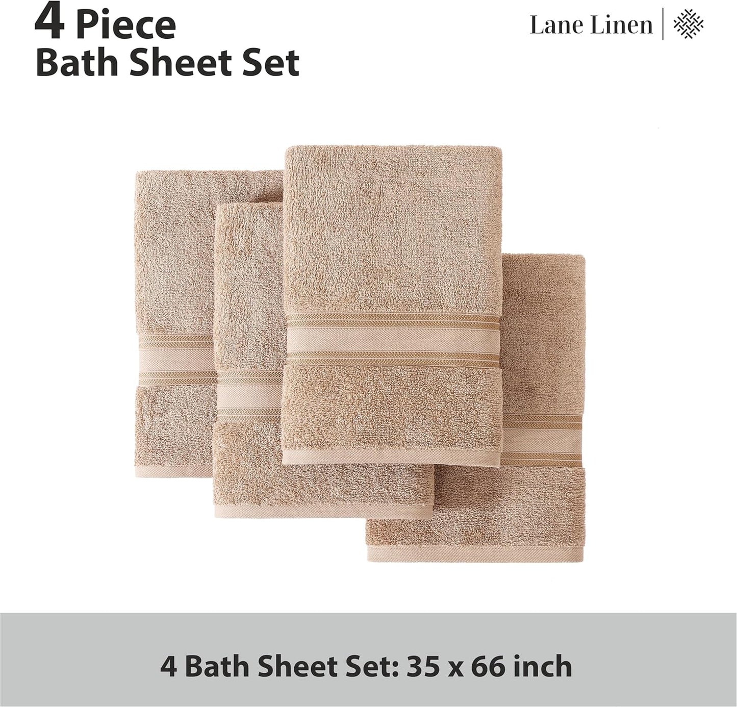 LANE LINEN 100% Cotton Bath Sheets Set of 4 (35"x66") - Zero Twist Cotton Extra Large Bath Towels Sets - Quick Dry, Highly Soft & Absorbent Oversized Luxury Towel Sets - Sustainabaly Produced - Taupe