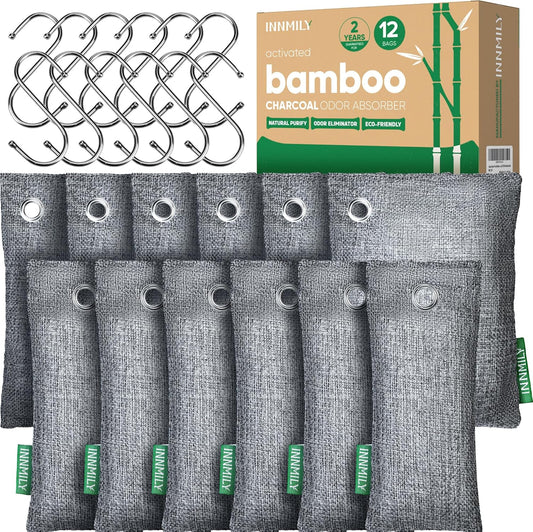 Activated Charcoal Odor Absorber,Large 12 Pack w Hooks Nature Odor Eliminator for Strong Odor, Bamboo Charcoal Air Purifying Bags,Moisture Absorbers for Fresh Home Car Closet Pet,Smoke Room Deodorizer