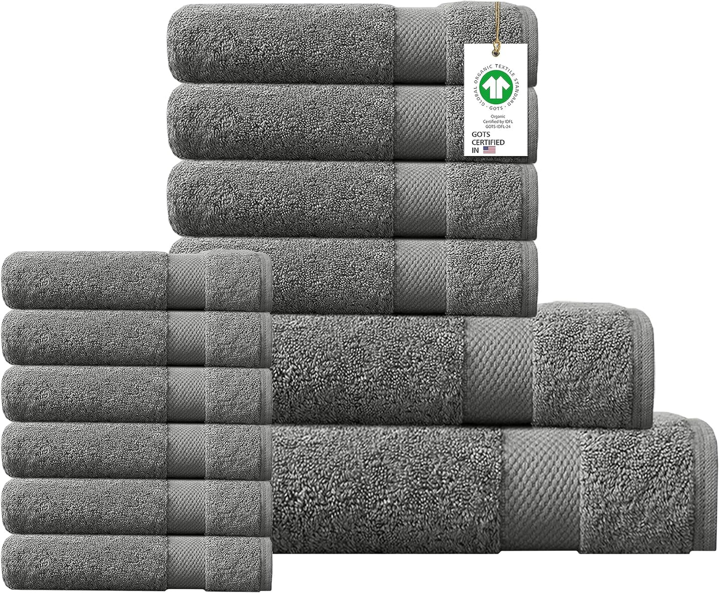Delara 100% Organic Cotton Towels 650 GSM Plush Feather Touch Quick Dry Towel, 12-Piece Towel Set GOTS Certified, Oeko-Tex Green Certified, 1 Bath Towel, 1 Bath Sheet, 4 Hand Towels & 6 Wash Cloths