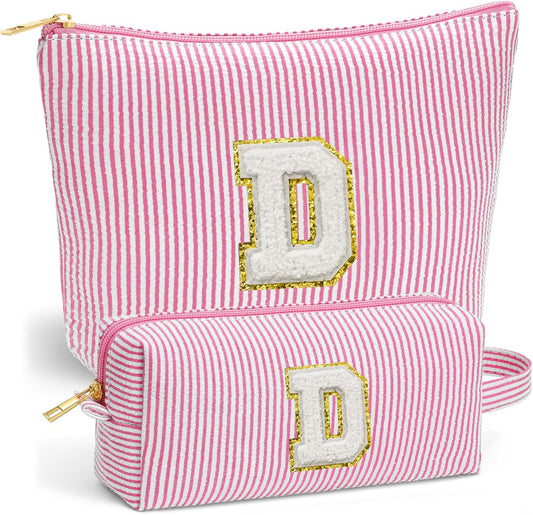 Travel Essentials - Portable Travel Makeup Bag Set for Women, Portable Initial Travel Toiletry Bag, Makeup Pouch Organizer Cosmetic Bag Birthday Gifts for Women, Pink Letter D