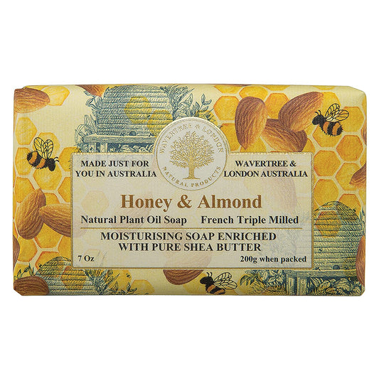 Wavertree & London Honey & Almond Scented Natural Soap Bar, 7oz Moisturizing French Triple Milled Soap Bar for Women & Men enriched with shea butter - Pure Bath & Body soap bar for All Skin Types