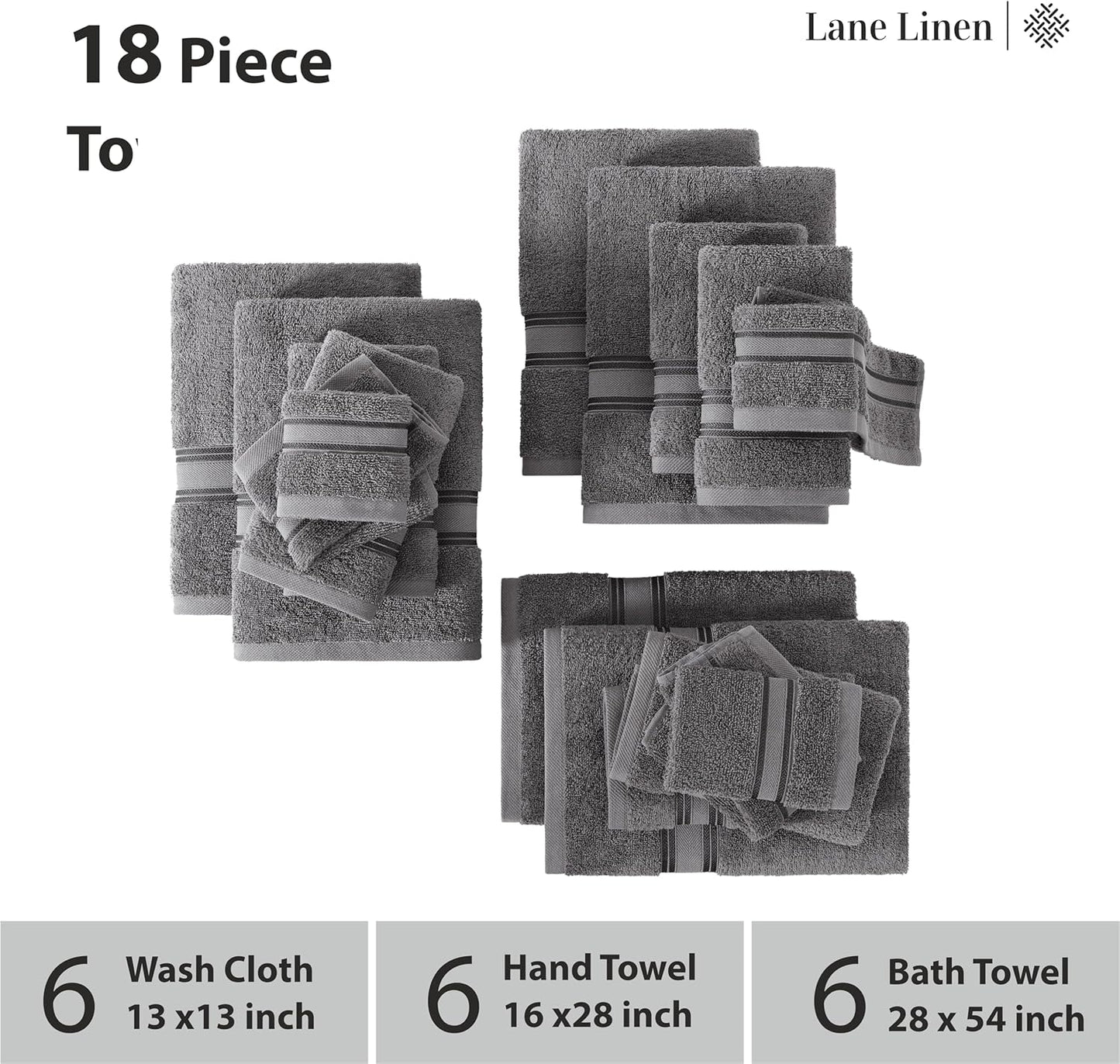 Lane Linen 100% Cotton Luxury Towel Set for Bathroom - 18 Pieces, Zero Twist - Super Plush, Very Soft & Absorbent - 6 Bath Towels, 6 Washcloths, 6 Hand Towels - Suitable for All Skin Types - Cool Grey
