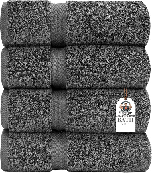 HERCULEAN Bath Sheet 30 x 60 Pack of 4 | 450 GSM Quick Dry and Highly Absorbent | 100% Cotton Terry Towels for Bathroom - Perfect for Shower - Pool and Spa - Luxury Soft Towels - Light Grey