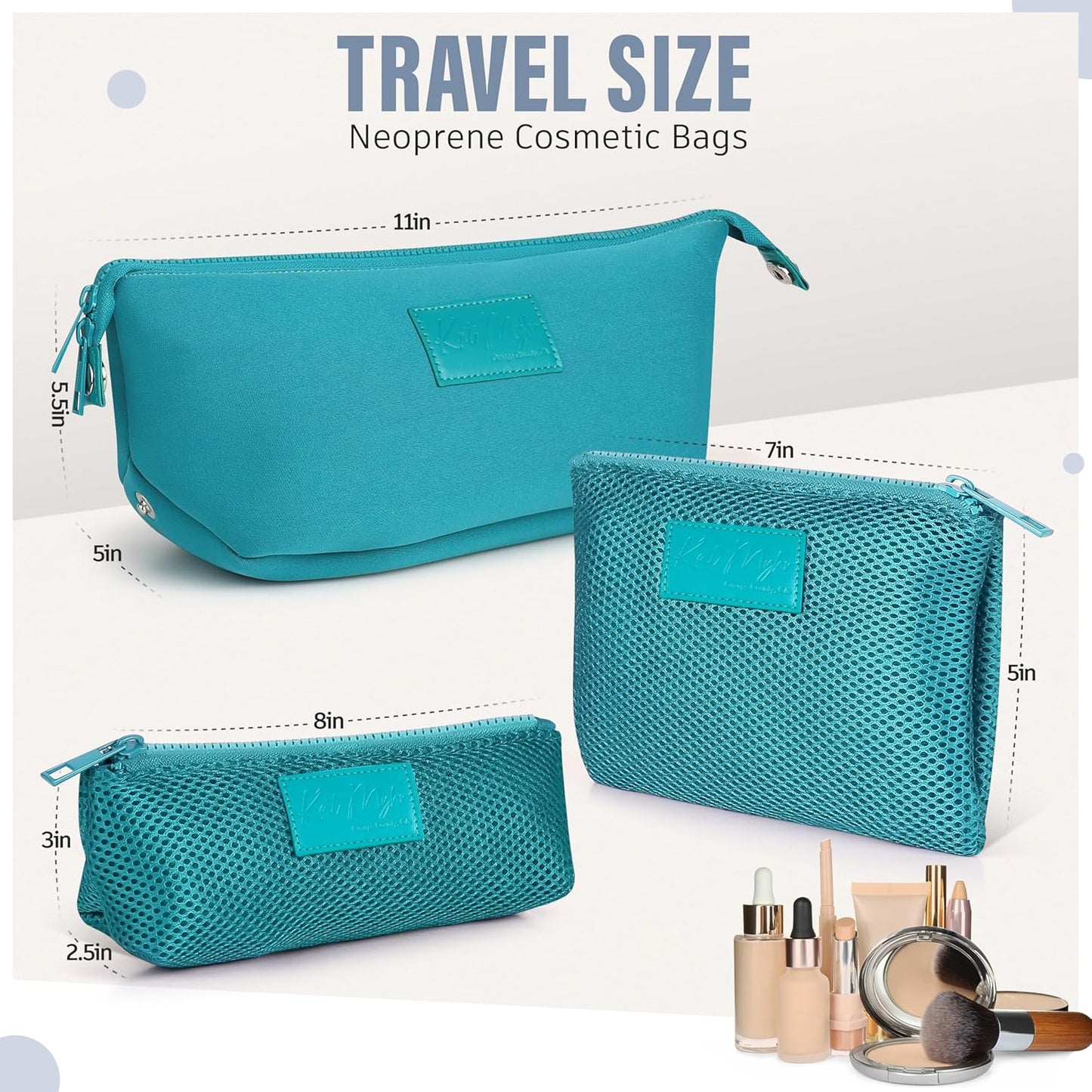Kat Myhr Neoprene Washable Travel Makeup & Cosmetic Bag Set, 2 Air Mesh Pouches,100% Neoprene Toiletry Bag, Large Water Resistant Travel Bag for Toiletries, Makeup Cosmetic Travel Bag (Turquoise)