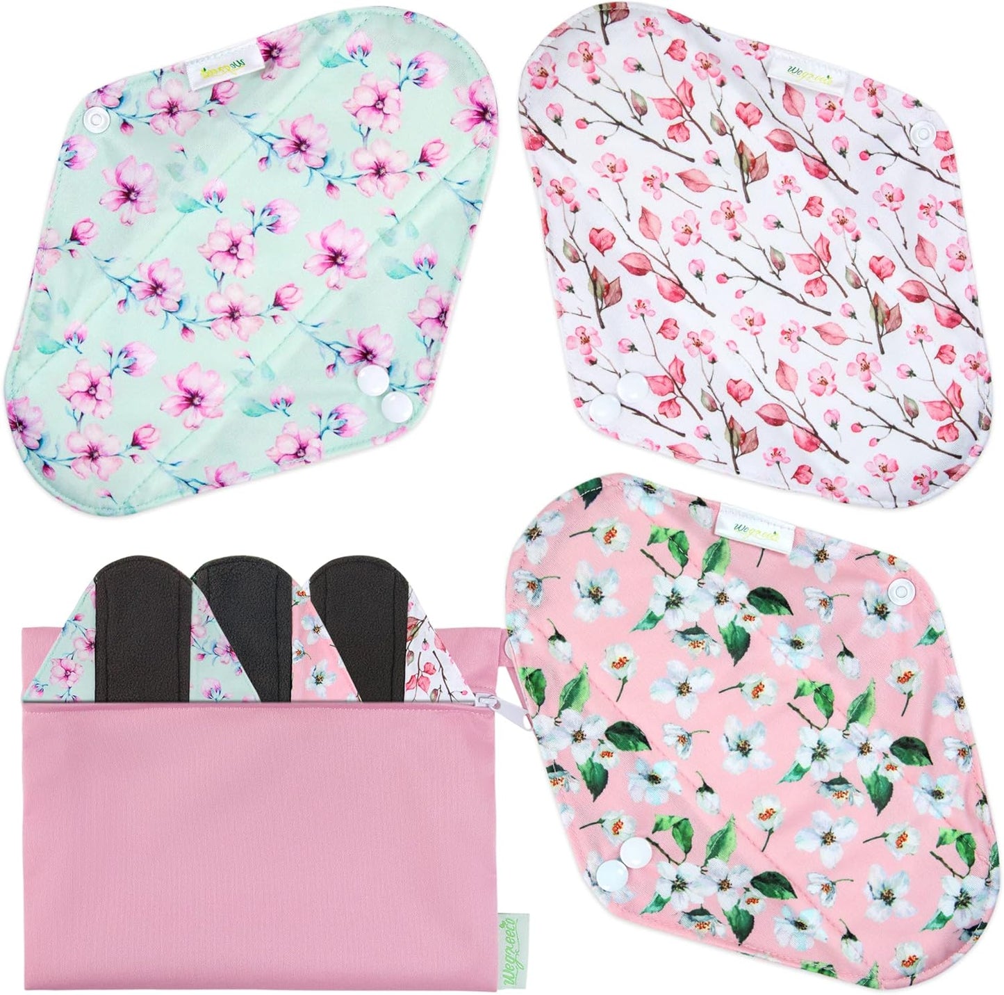 wegreeco Reusable Menstrual Pads - Reusable Sanitary Pads | Reusable Panty Liners | Soft Cloth Menstrual Pads - 6 Pack with 1 Cloth Mini Wet Bag (S, Cherry Blossoms)