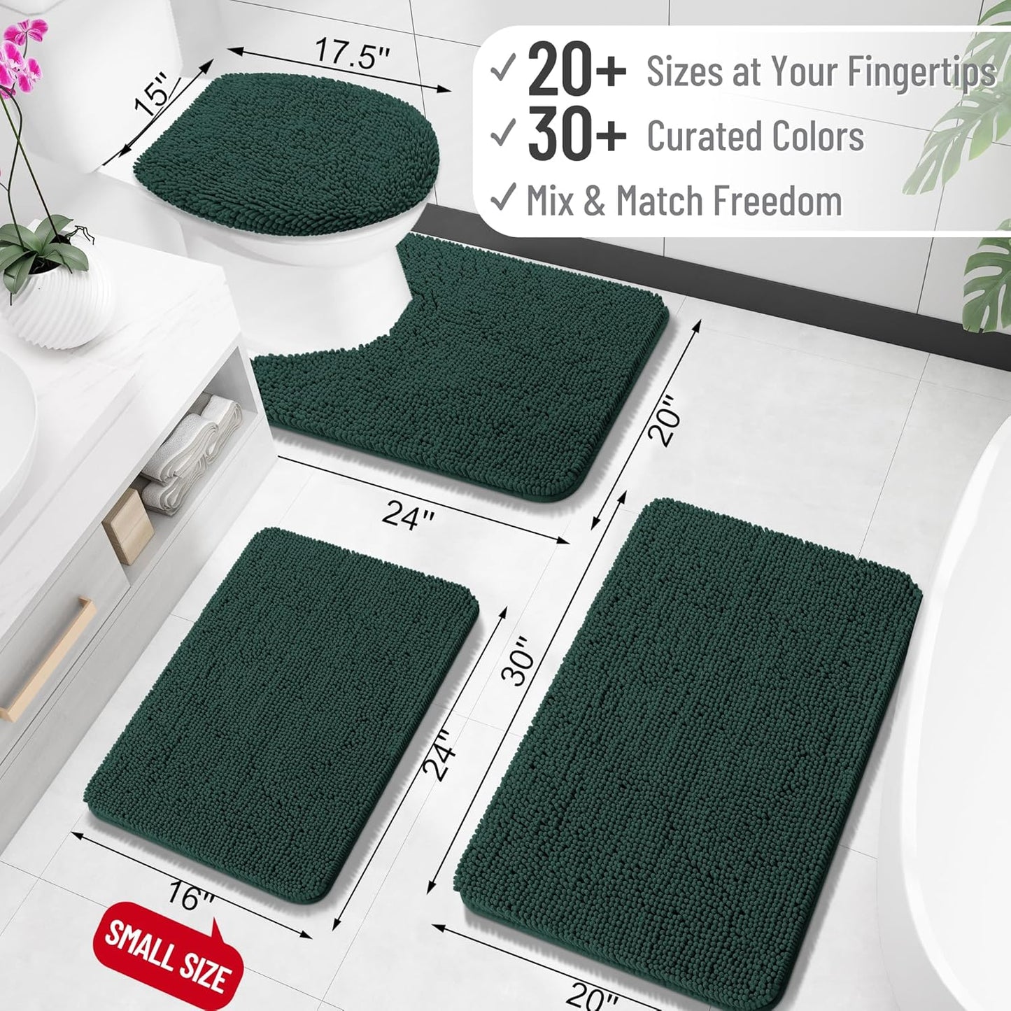 OLANLY Toilet Rugs U-Shaped 24x20, Extra Soft Absorbent Chenille Contour Bathroom Rugs for Toilet, Dry Quickly, Machine Washable, Non-Slip Bath Mat, Blackish Green