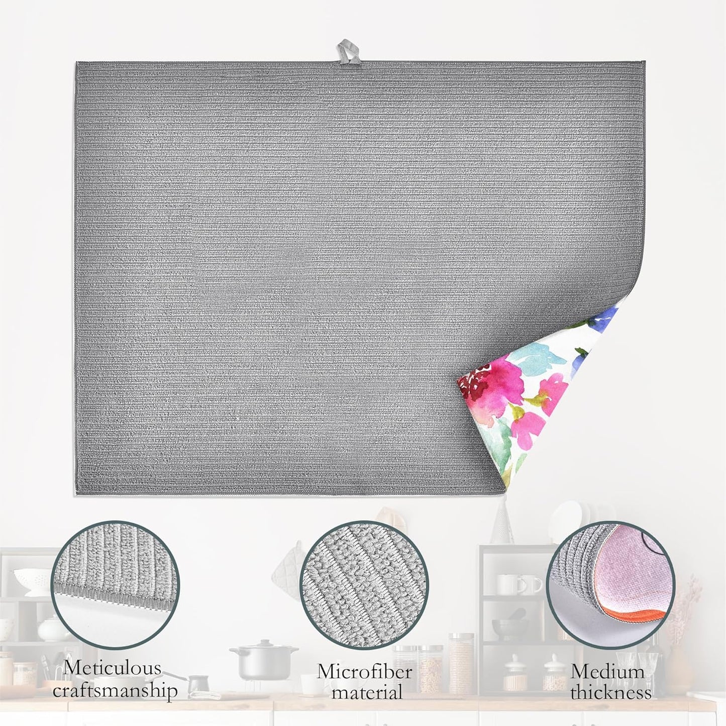 Purple Pink Dish Drying Mats 18x24 Inch,Watercolor Flowers Dish Pad Drying Rack Mat for Kitchen Counter Ultra Absorbent Microfiber Dishware Coffee Maker Bar Countertop Decor