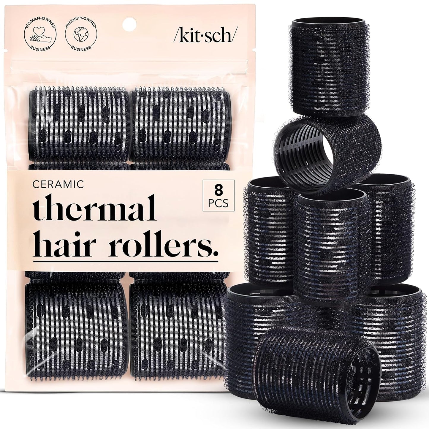 Kitsch Ceramic Thermal Hair Rollers for Women – Self Grip Hair Curlers for Heatless Curls Overnight - Volumizing Large Rollers for Short & Long Hair - For Long Lasting Frizz-Free Curls - Black, 8pcs