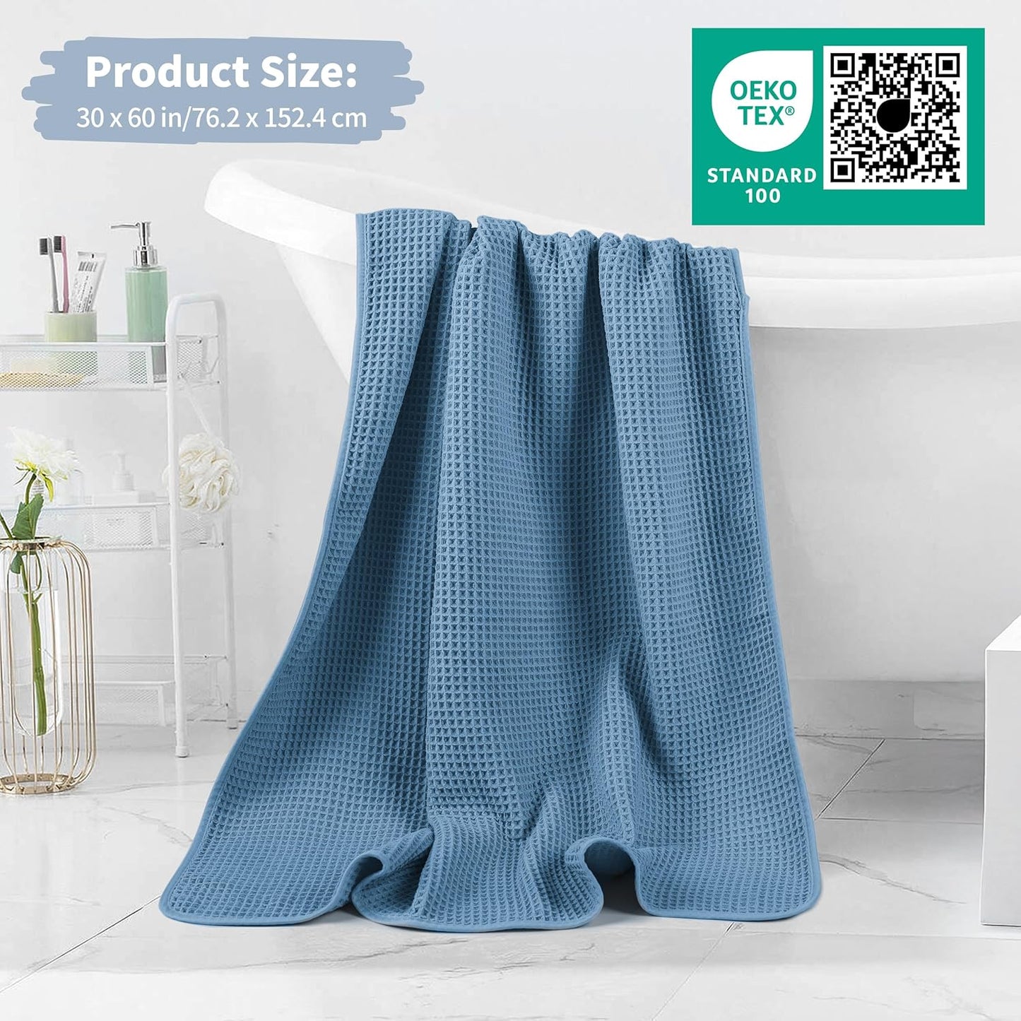 New Microfiber Waffle Bath Towels, 2 Pieces, Oversized, Soft, Absorbent, Fast Drying, Lint Free (Blue)