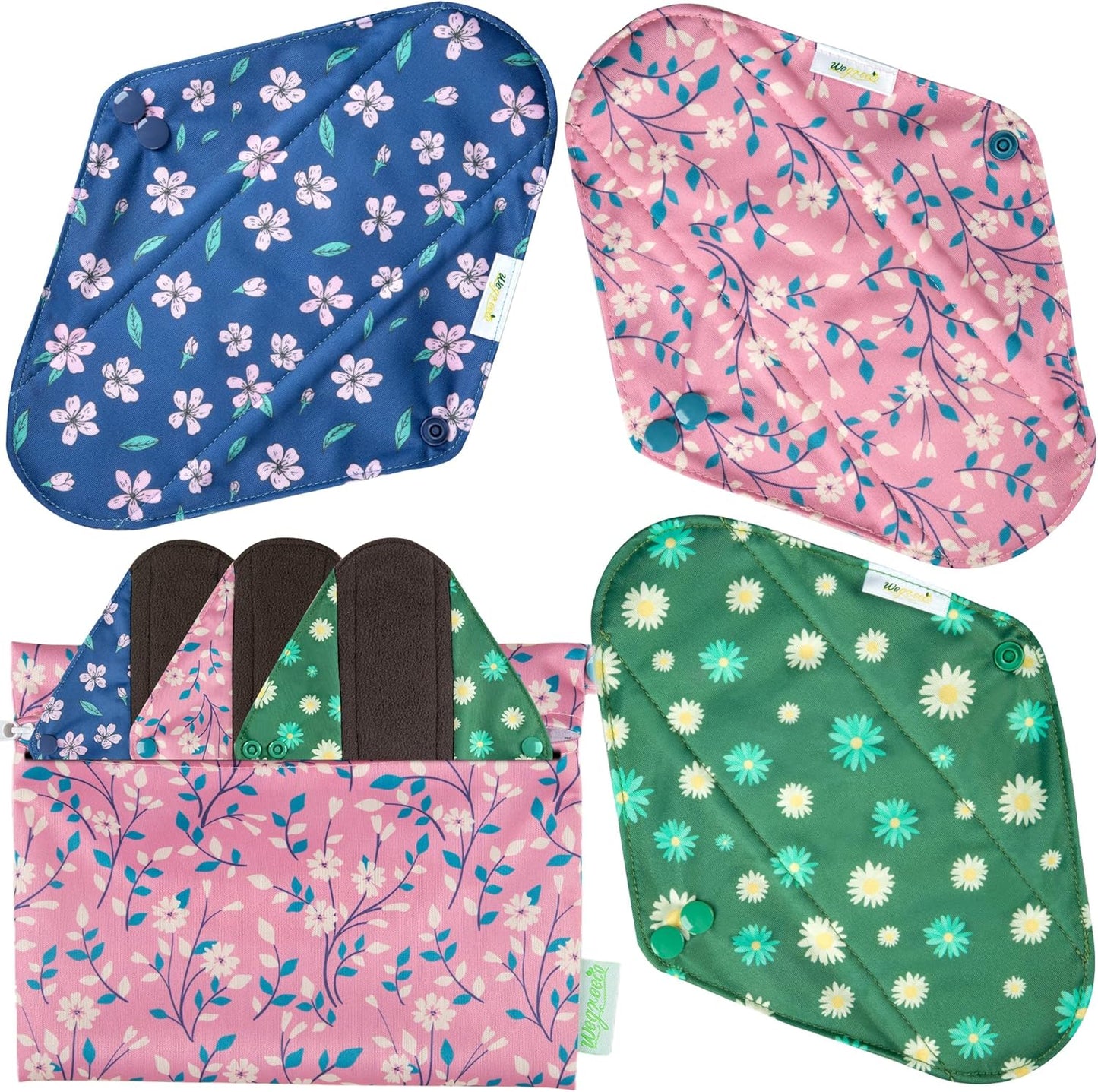 Wegreeco Cloth Menstrual Pads - Soft Washable Pads for Women - Reusable Panty Liners for Women - 6 Pack with 1 Cloth Mini Wet Bag (Medium, Chrysanthemums)