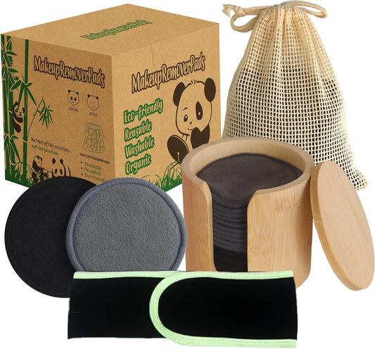 Reusable Bamboo Makeup Remover Pads | 20Pcs Natural Bamboo Reusable Cotton Rounds Makeup Removal Pad| Soft Makeup Remover Set with Bamboo Holder Laundry Bag Headband, Black and Gray