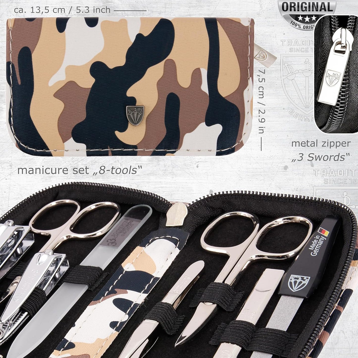 3 Swords Germany - brand quality 8 piece manicure pedicure grooming kit set synthetic leather case camouflage - Made in Germany
