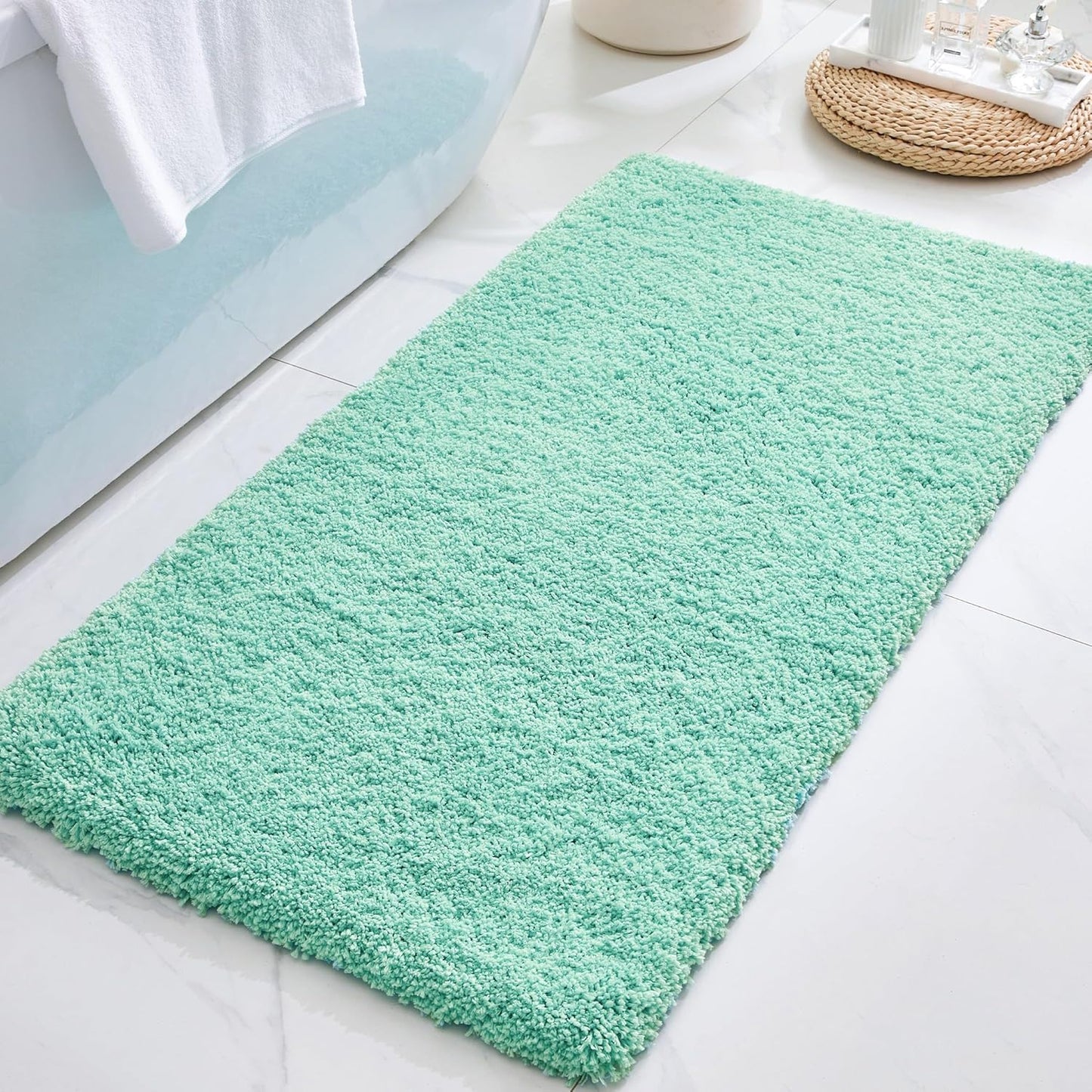 ILANGO Spa Blue Bathroom Rugs 48" × 24" Non Slip & Super Absorbent Extra Thick Soft, Washable Bath Mat for Floor, Microfiber Plush Shaggy Bath Rug with Rubber for Bathtub Shower Room Sink