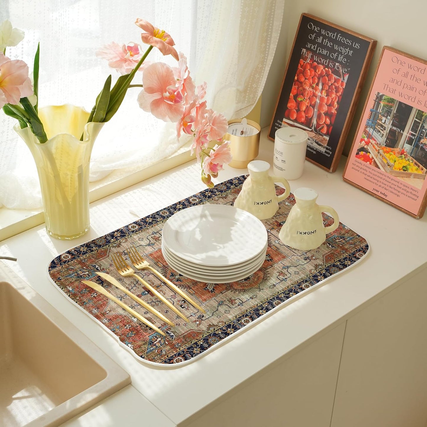 Aztec Dish Drying Mat for Kitchen Counter, 18x24 Inch Vintage Boho Style Absorbent Dish Drying Pad Heat Resistant Mat Coffee Bar Mat Dish Drainer Rack Mat