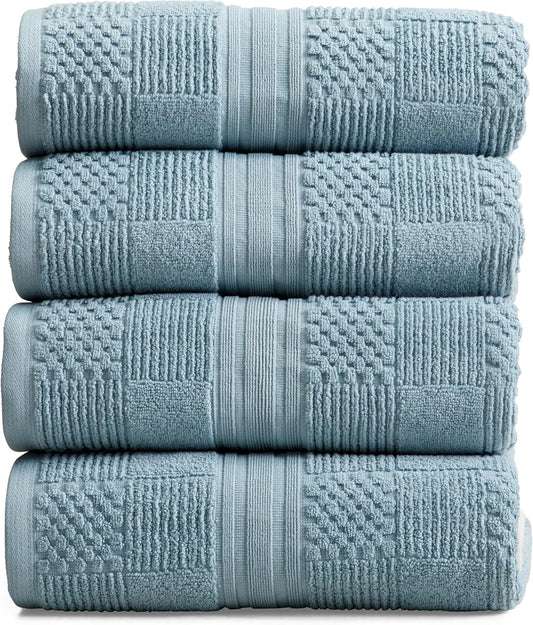 Springtree Home 100% Cotton Bath Towel Set of 4 | Blue Towels | Geometric Textured Design | Absorbent & Quick-Dry | 4 Bath Towels | Oeko-TEX® Standard 100 Cotton | Myla Collection - Arona Blue