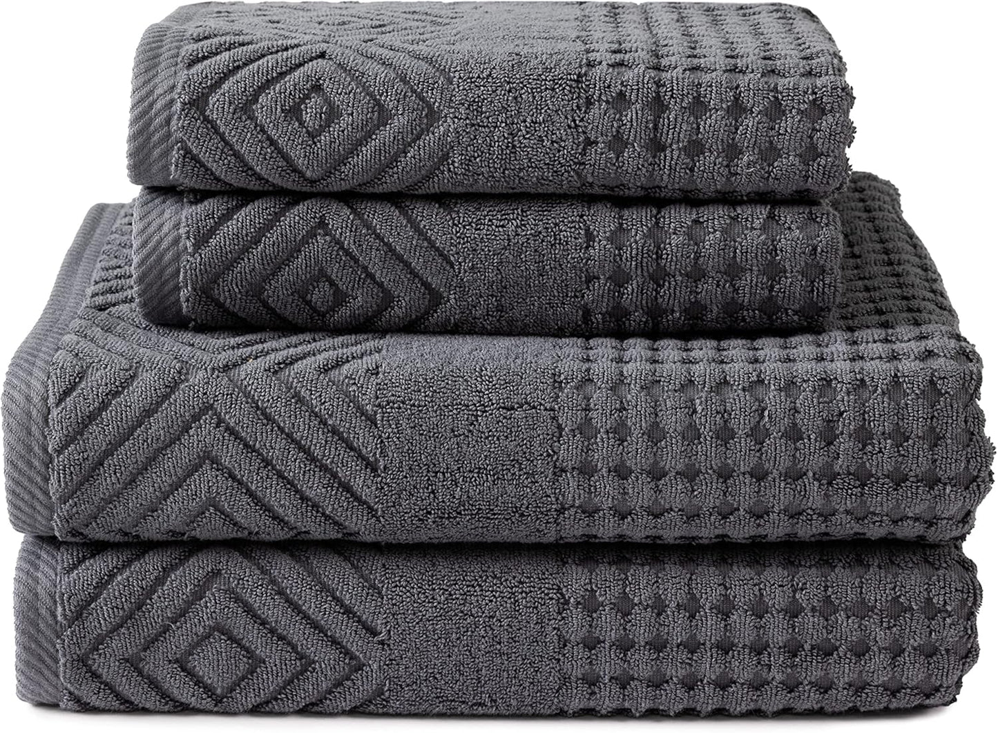 Texere 100% Organic Cotton Diamond Jacquard 700 GSM Luxury Bath Towel Sets - Ultra Soft and Absorbent Hotel and Spa Quality (Diamond, Charcoal, 2 Bath & 2 Hand Towels)